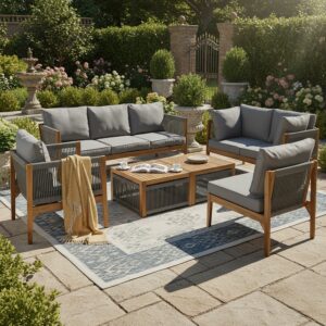 6-7 Seater Garden Lounge Set, Acacia Wood Frame Outdoor Patio Furniture, Grey Rope Braided Corner Sofa Single Seats, Acacia Wood Tabletop, Includes All Chairs And Backrest Cushions, Grey
