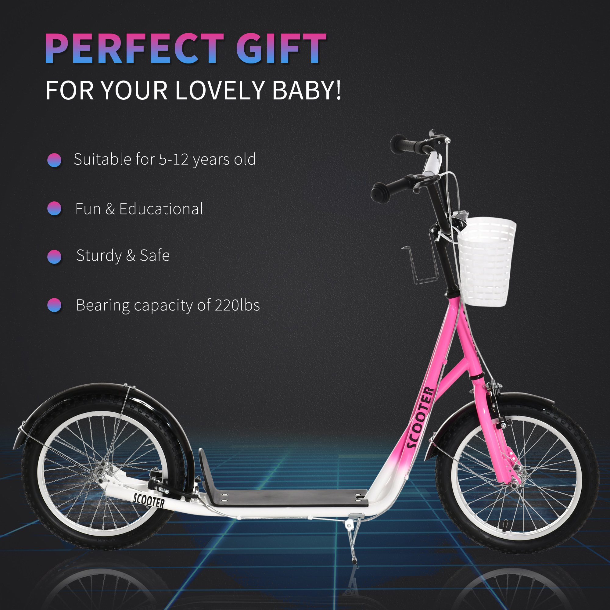 Youth Scooter, Kick Scooter With Adjustable Handlebars, Double Brakes, 16" Inflatable Rubber Tires, Basket, Cupholder, Pink - Image 2