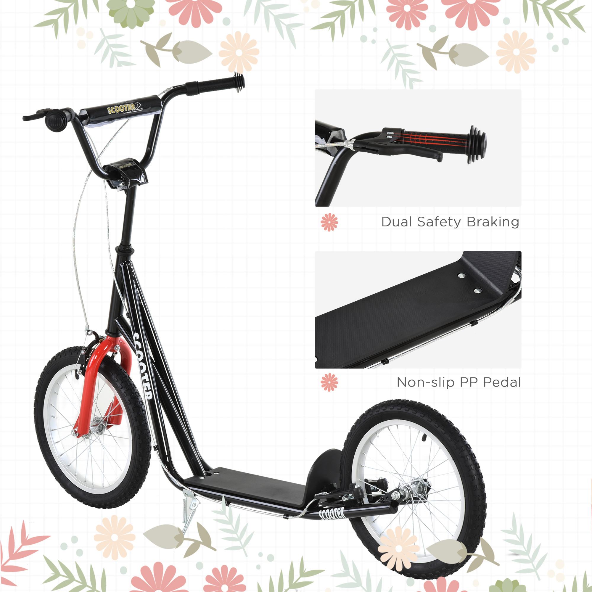 Youth Scooter Kick Scooter for Kids 5+, Max Load 220 LBS., with Adjustable Handlebar, 16" Inflatable Wheels, Dual Brakes, Black - Image 2