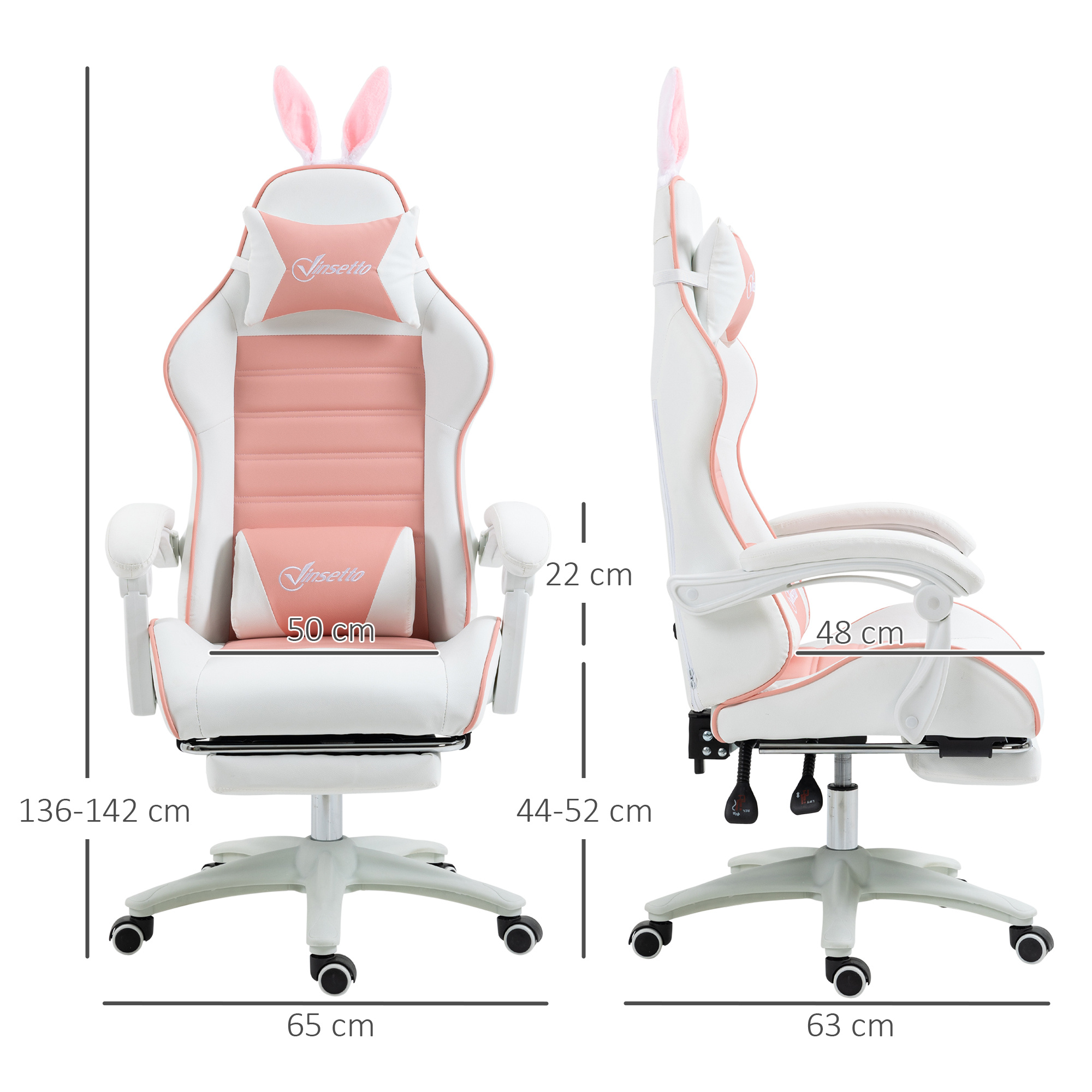 Vinsetto Racing Gaming Chair, Reclining PU Leather Computer Chair With Removable Rabbit Ears, Footrest, Headrest And Lumber Support, Pink - Image 5
