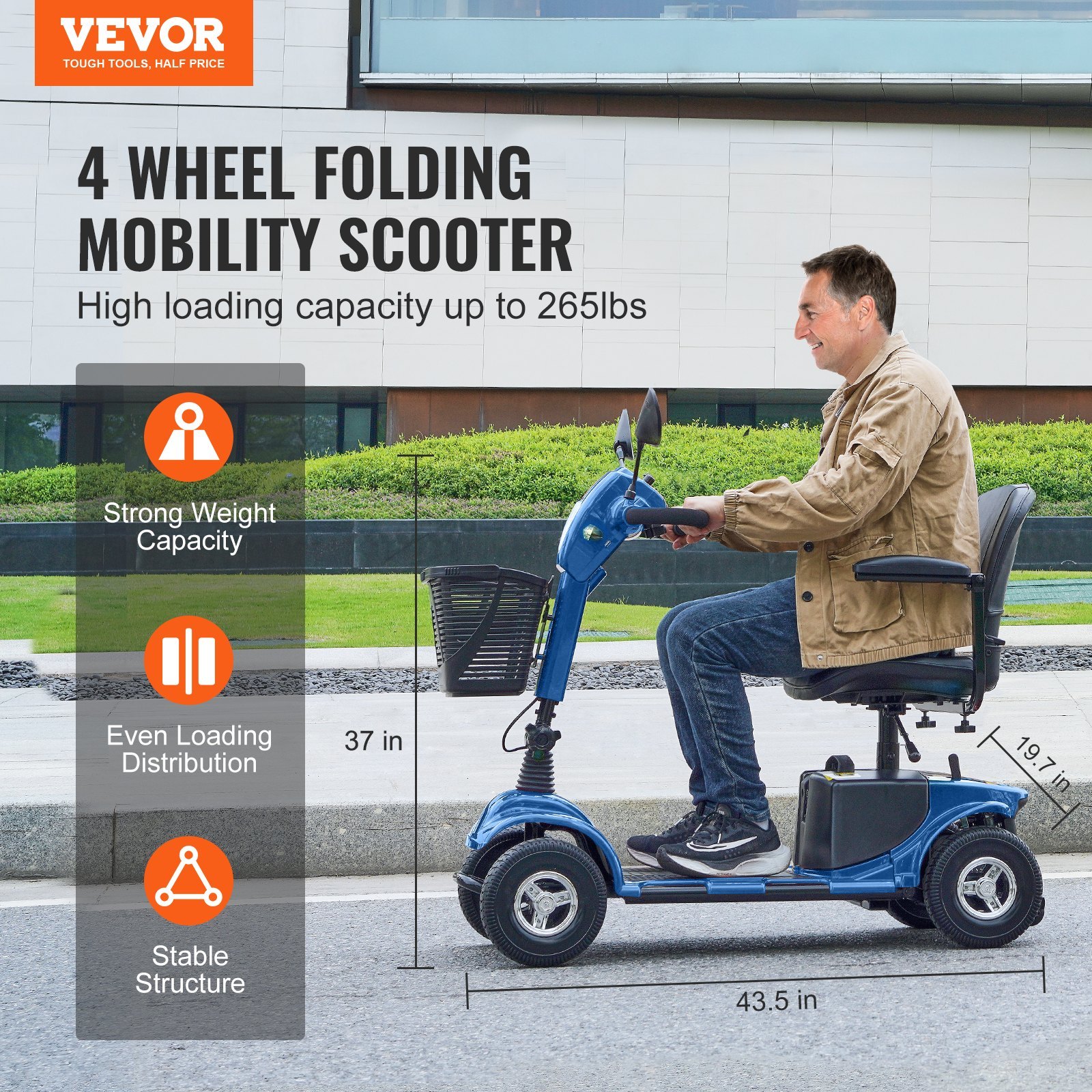 Heavy-Duty 4 Wheel Mobility Scooter For Adults & Seniors - Folding Electric Powered Mobility Scooter & 12 Mile Long Range, All Terrain Travel Scooter With 9° Climbing Capacity, 265lb Capacity - Image 4