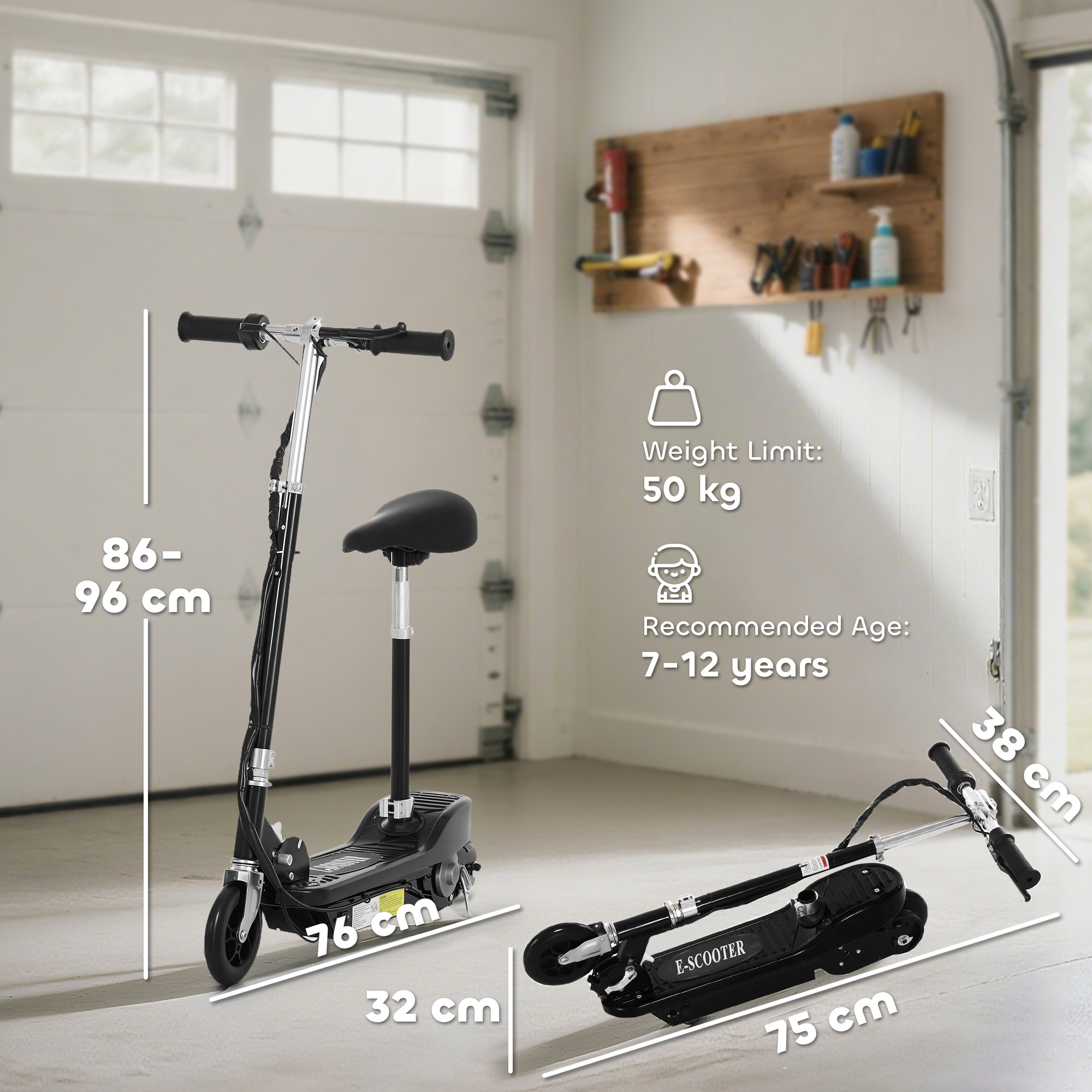 Powered E-Scooter Ride-On, With Brakes, Adjustable Seat, Adjustable Handlebars, Black - Image 3