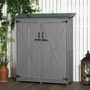 Outdoor Storage Cabinet Wooden Garden Shed Utility Tool Organizer with Waterproof Asphalt Rood, Lockable Doors, 3 Tier Shelves for Lawn, Backyard, Gray
