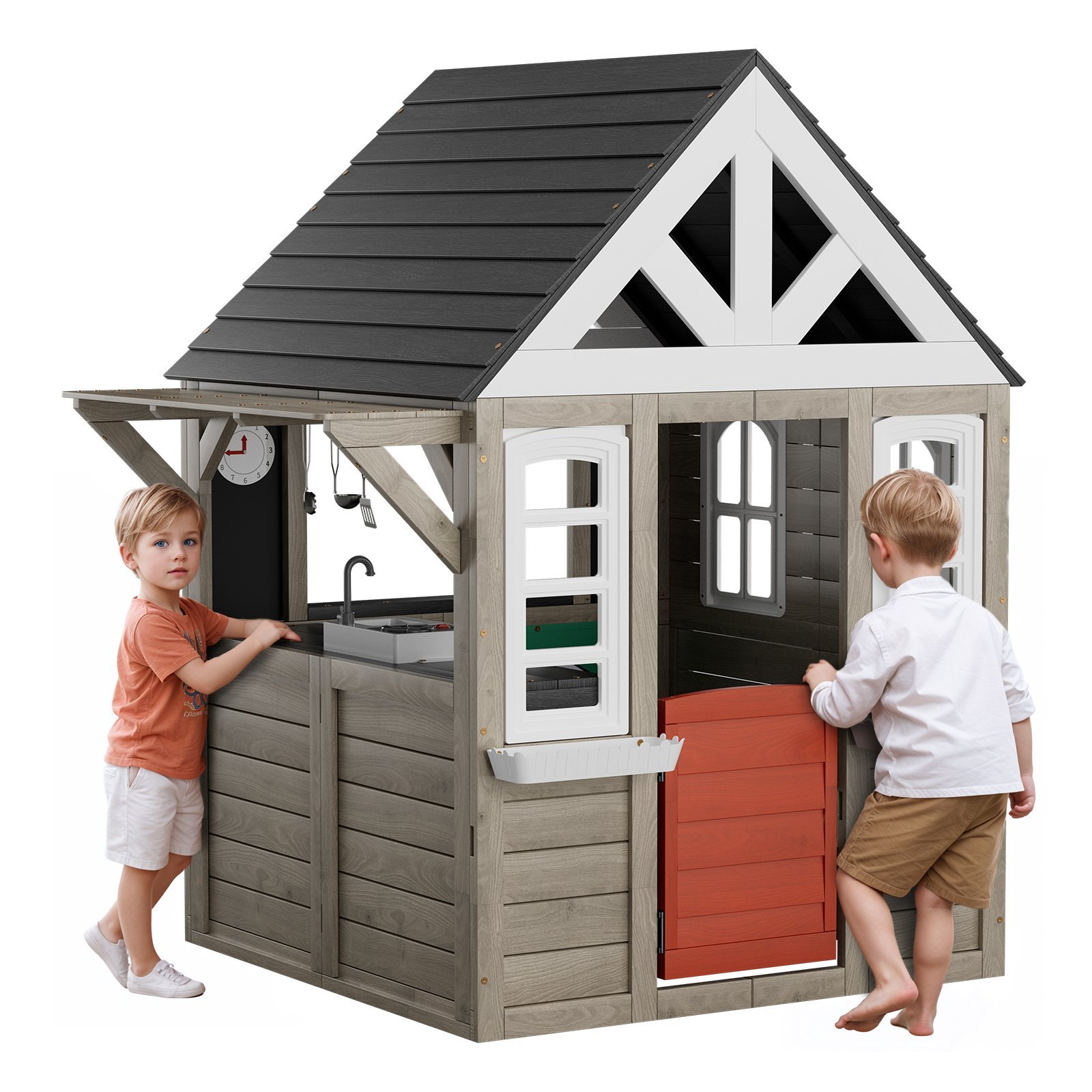 Wooden playhouse, children's playhouse, garden house for children aged 2 and up, garden play cottage, playhouse made of cedar wood in country house style with door, window, flower pot holder, grill, stove, and sink. - Image 2