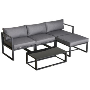 5 Pieces Outdoor Patio Furniture Set, Sofa Couch With Glass Coffee Table, Cushioned Chairs And Aluminum Tube, For Balcony Garden Backyard, Grey
