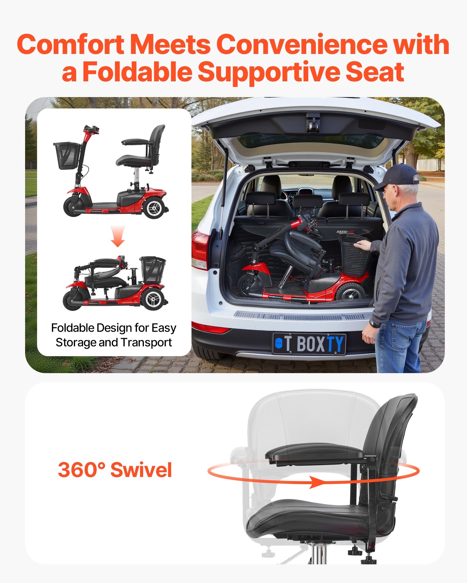 3 Wheel Folding Mobility Scooter For Adults & Seniors, Heavy-Duty Electric Powered Mobility Scooter & 12 Mile Long Range, All Terrain Travel Wheelchair With 9° Climbing Capacity, 265lb Capacity - Image 5