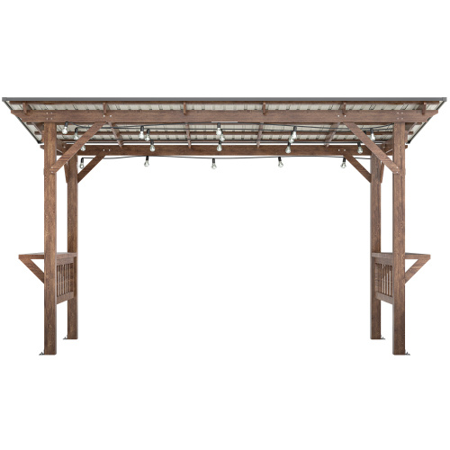 13' X 6.5' Wooden Pergola Grill Gazebo With Metal Roof & Bulbs & Bar Counters - Image 9
