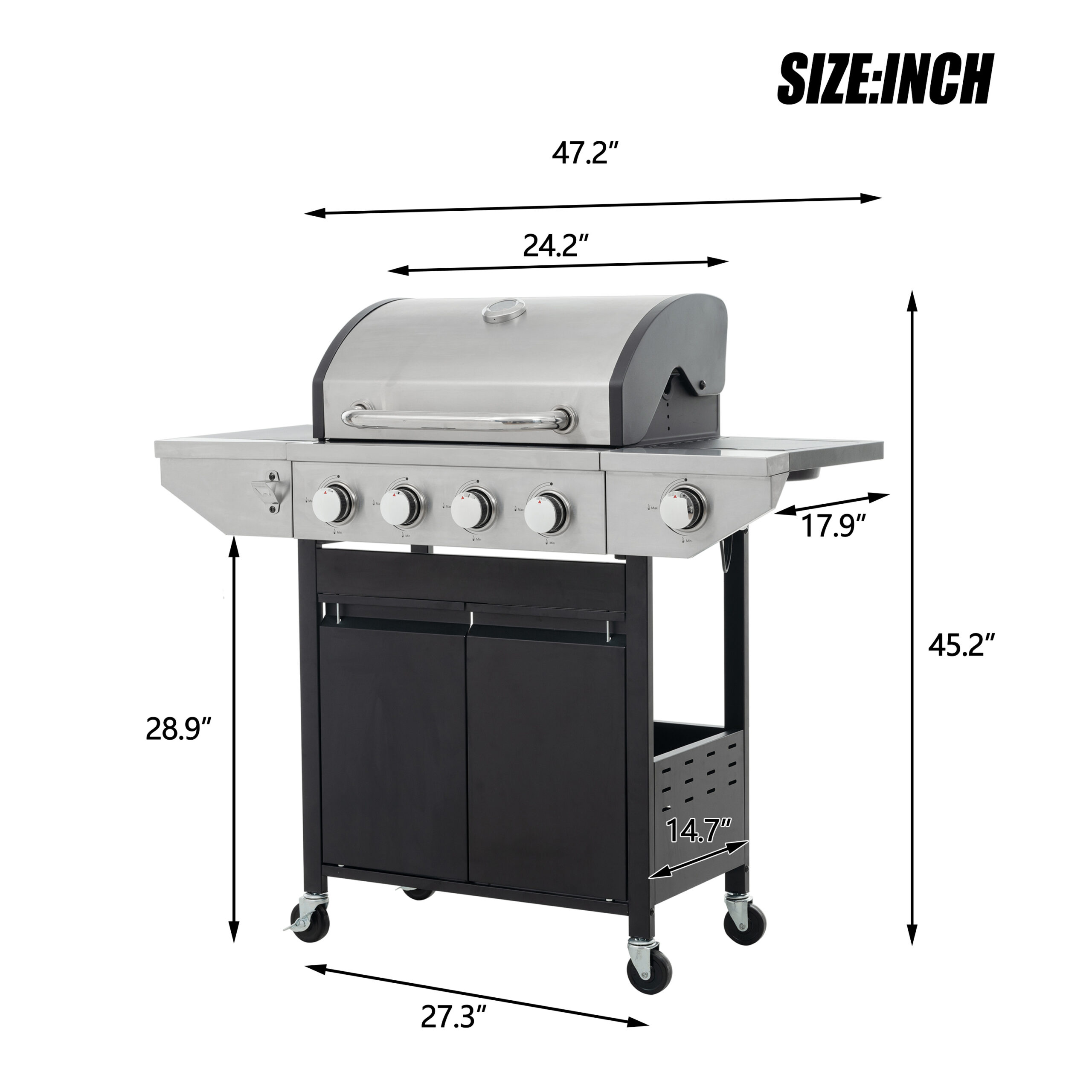 Propane Grill 4 Burner Barbecue Grill Stainless Steel Gas Grill With Side Burner, 46,500 BTU Outdoor Cooking, Patio, Garden Barbecue Grill, Black And Silver - Image 5
