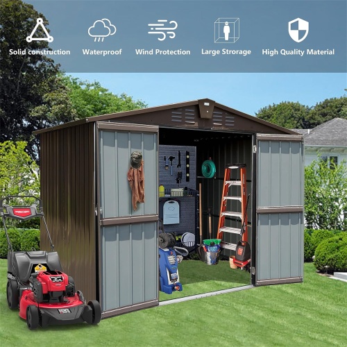 Outdoor Storage Shed 8.2' X 6.2', Metal Steel Utility Tool Shed Storage House With Double Lockable Doors &Air Vents For Backyard Patio Garden Lawn Brown - Image 7