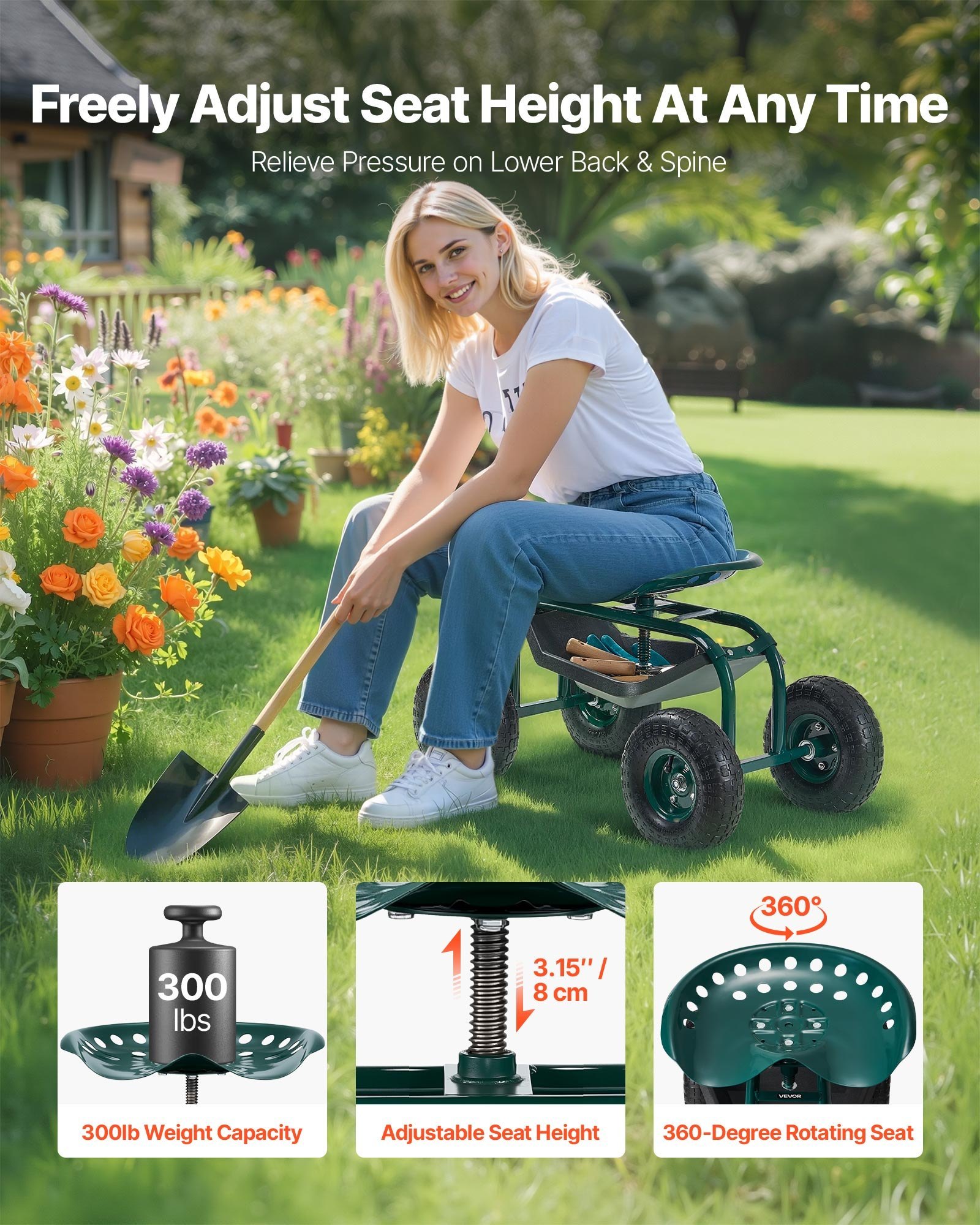 VEVOR Rolling Garden Cart With Swivel Seat, Heavy Duty Garden Seat With Storage Basket & Tool Tray, 300 Lbs Weight Capacity, Outdoor Utility Gardening Stool Scooter For Lawn Yard Planting Weeding - Image 2