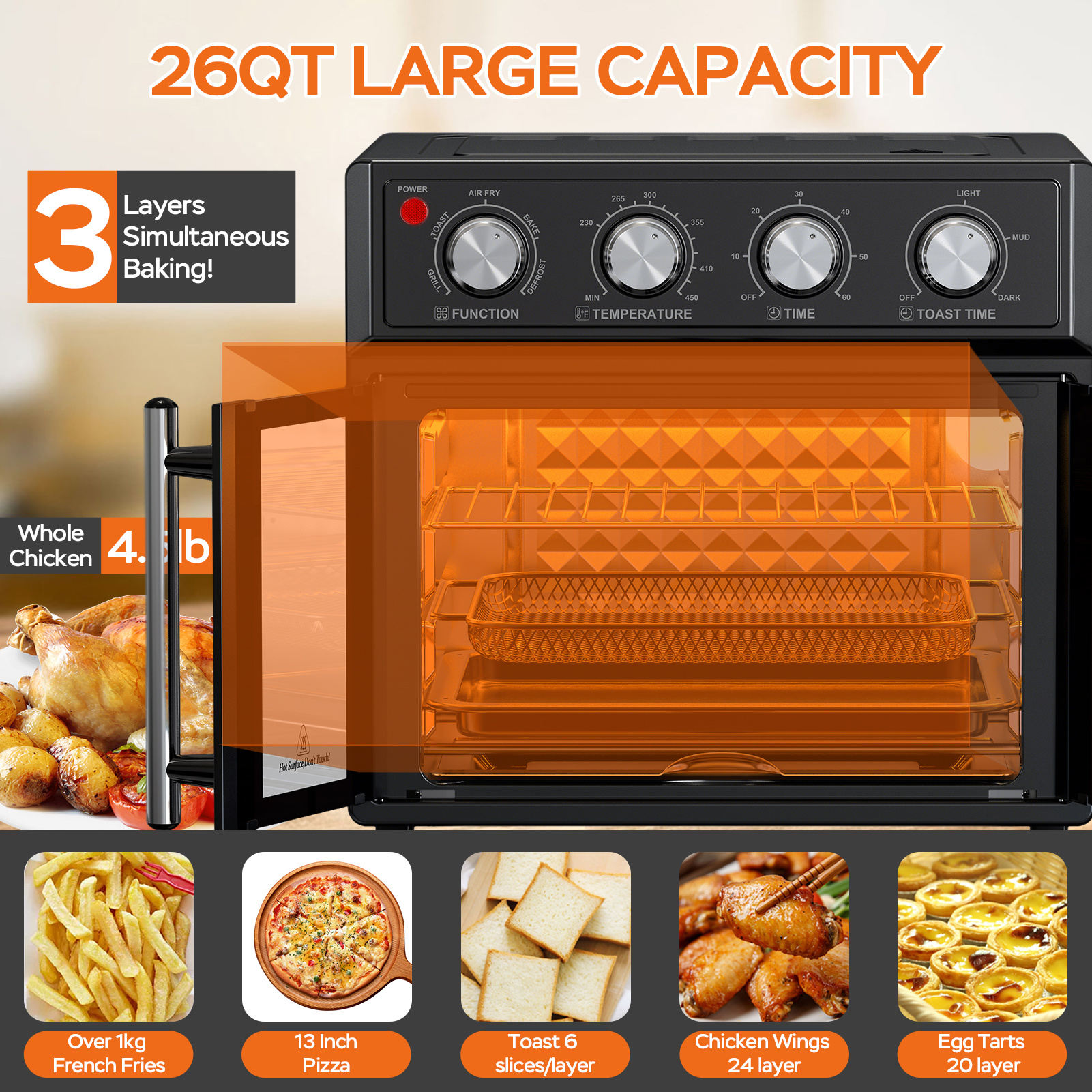 29.5 QT Air Fryer Convection Toaster Oven, French Door, 6 Slices, 1700W, Multifunction Oven, Air Fryer, Toast, Grill, Defrost, Bake, Time And Temperature Controls, Black, Amazon Resale Prohibited - Image 2