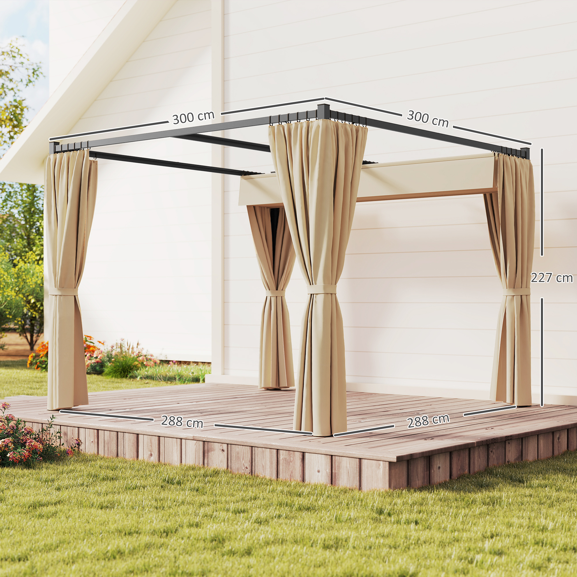 3 X 3(m) Retractable Pergola, Garden Gazebo Shelter With Curtains, For Grill, Patio, Deck, Beige - Image 2