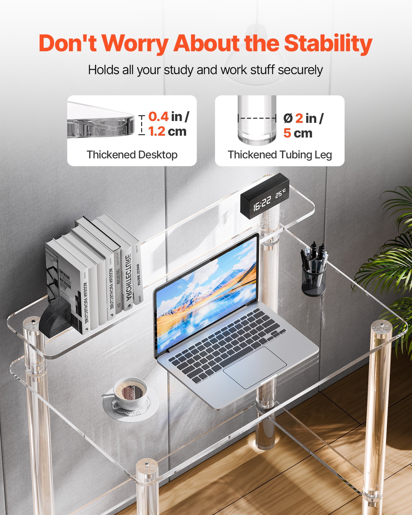 Acrylic Table, 2 Tiers Clear Office Desk With Monitor Stand, Acrylic Study Computer Desk, Modern Side End Table Nightstand For Bedroom, Office, Study, Cloakroom, 19.7 X 31.5 X 34.7 In (Clear) - Image 2