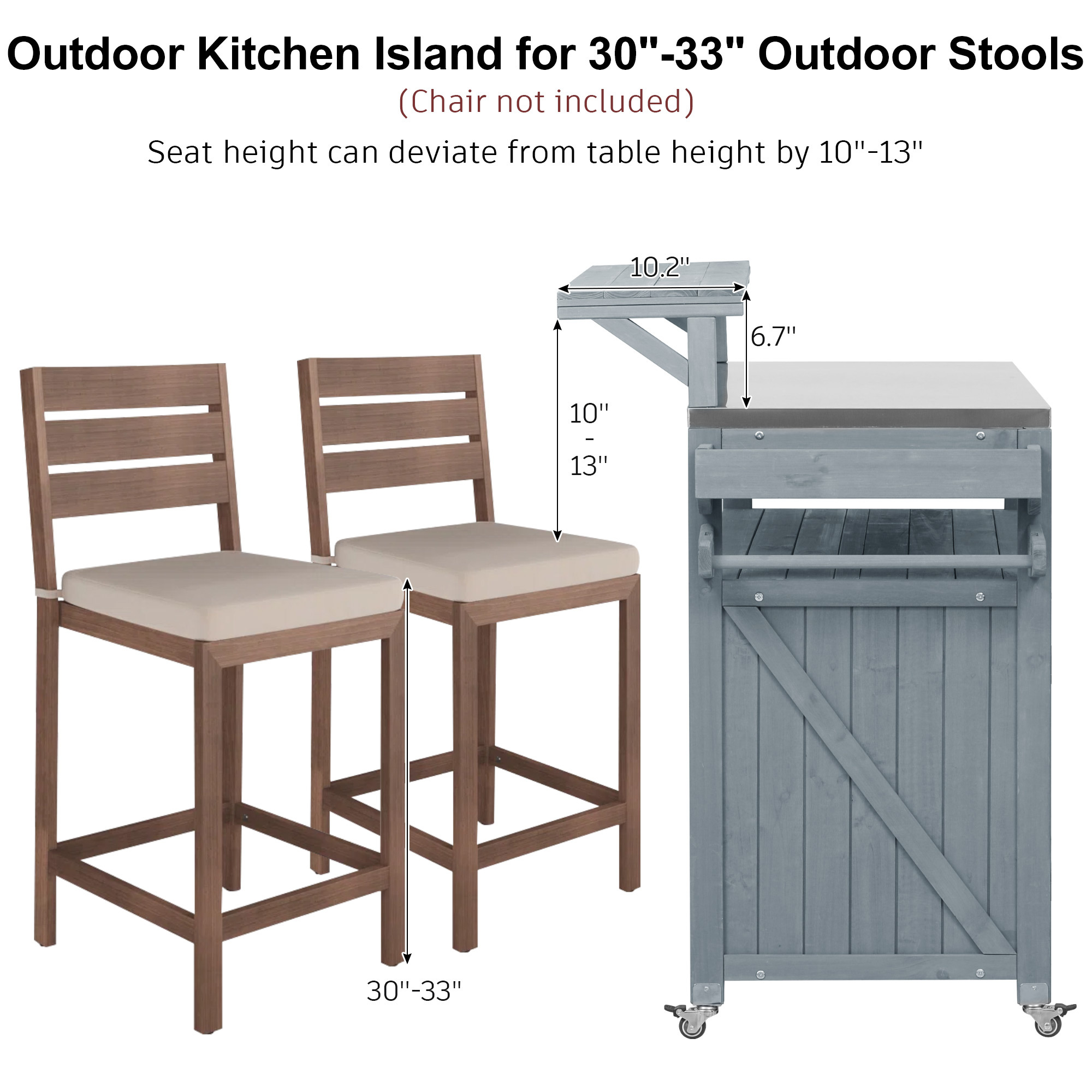 K&K 53.3 Outdoor Kitchen Island With Raised Shelf, Solid Wood Storage Cabinet With Stainless Steel Top, Outdoor Rolling Grill Cart With Internal Storage Rack, Adjustable Shelf, Spice Rack, Grey Blue - Image 4