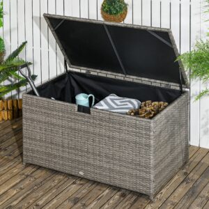 113 Gallon Outdoor Storage Box, Rattan Deck Box for Indoor, Patio Furniture Cushions, Pool Garden Tools, Gray