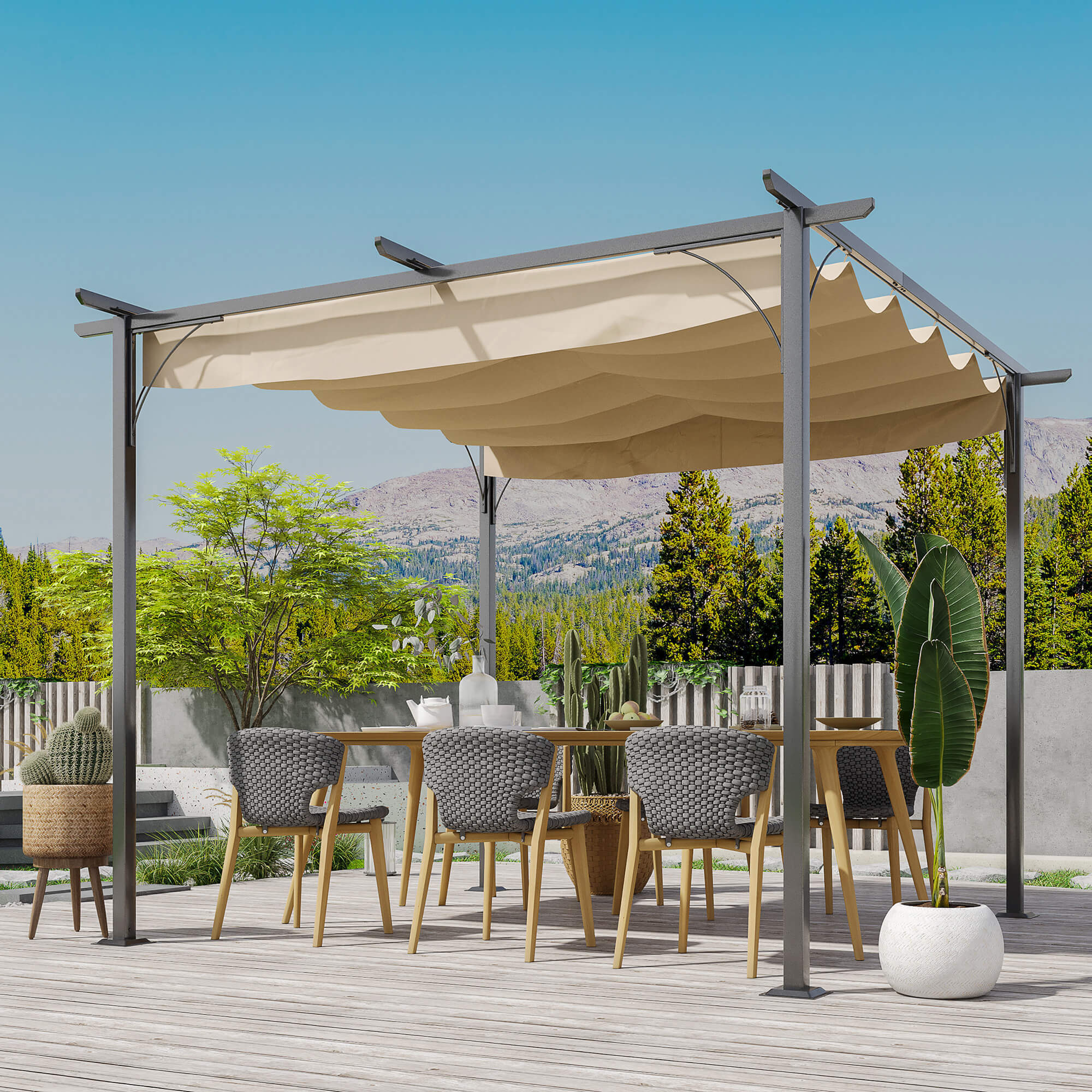 10' X 10' Outdoor Retractable Pergola Canopy, Metal Patio Shade Shelter For Backyard, Porch Party, Garden, Grill Gazebo, Beige