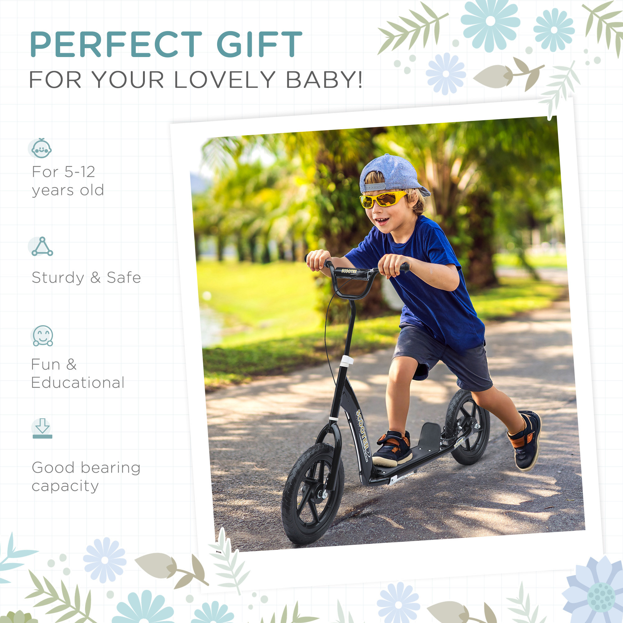 Kids Scooter Kick Scooter, With 12" EVA Tyres, Rear Brake, Big Wheels Scooter For 5-12 Years , Black - Image 2