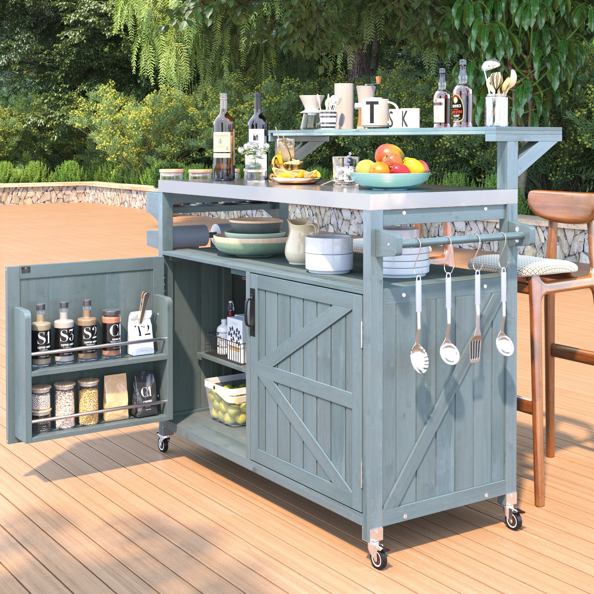 K&K 53.3 Outdoor Kitchen Island With Raised Shelf, Solid Wood Storage Cabinet With Stainless Steel Top, Outdoor Rolling Grill Cart With Internal Storage Rack, Adjustable Shelf, Spice Rack, Grey Blue - Image 5