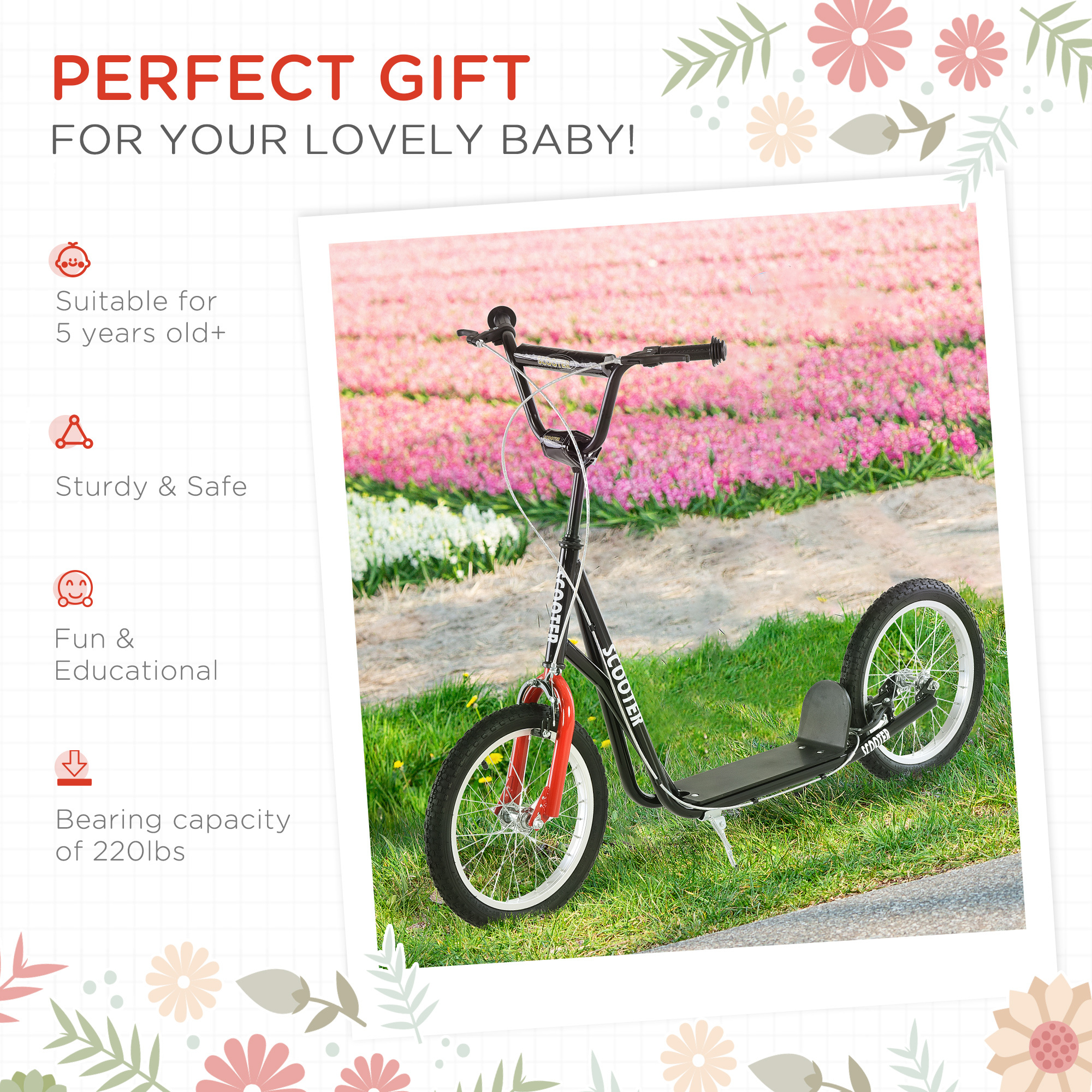 Youth Scooter Kick Scooter for Kids 5+, Max Load 220 LBS., with Adjustable Handlebar, 16" Inflatable Wheels, Dual Brakes, Black - Image 7