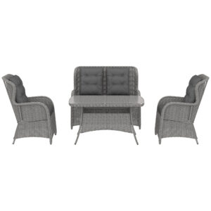 Garden PE Rattan Dining Sofa Set, Outdoor 4 Seater Wicker Furniture, High Back Chairs With Cushions, Tempered Glass Coffee Table For Patio, Light Grey