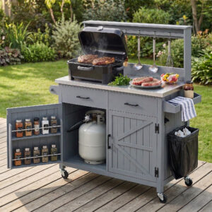 K&K 54.1  Outdoor Kitchen Island With High Shelf, Large Outdoor Potting Bench Table With Stainless Steel Top And Storage Cabinet, Solid Wood Grill Cart With Lockable Wheels For BBQ, Garden, Grey Blue