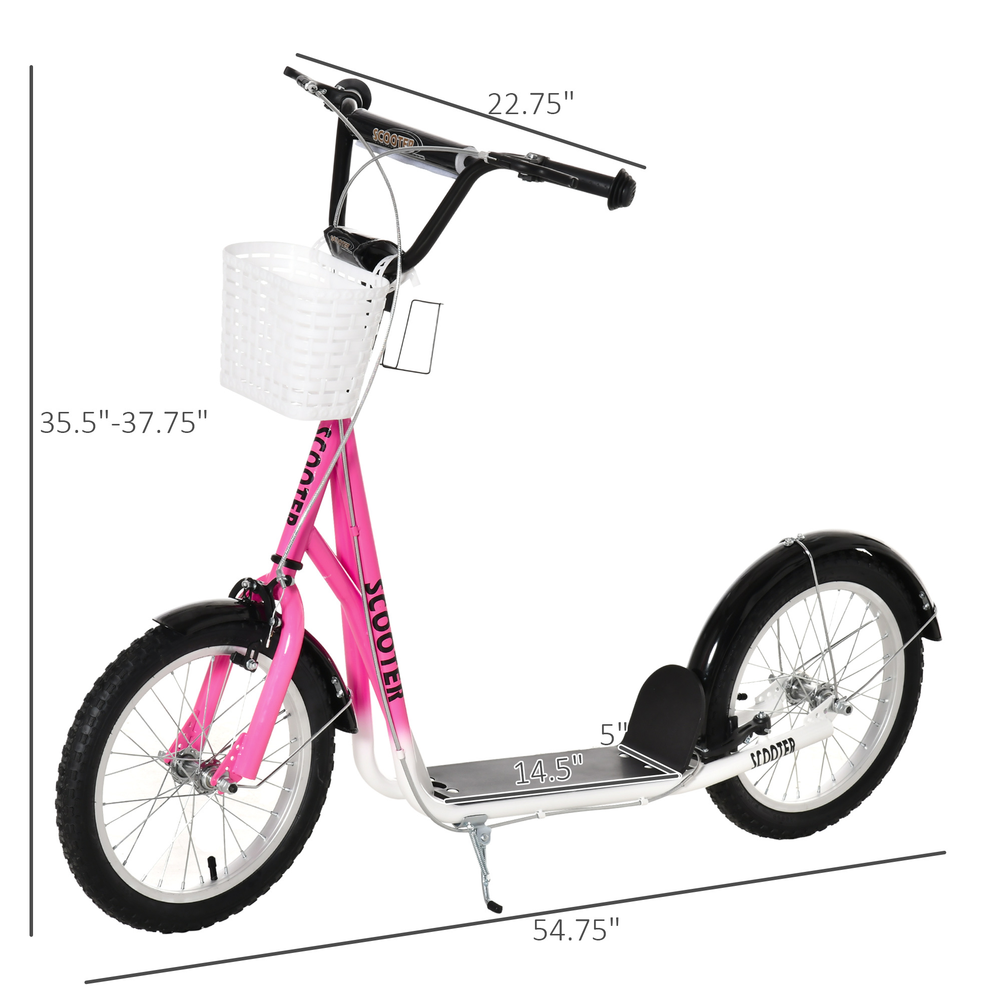 Youth Scooter, Kick Scooter With Adjustable Handlebars, Double Brakes, 16" Inflatable Rubber Tires, Basket, Cupholder, Pink - Image 4