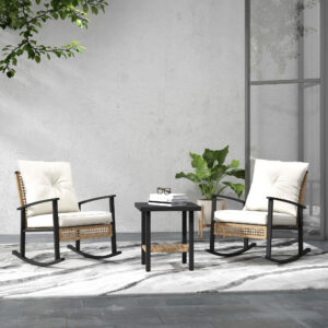 3 Pieces Bistro Set, Patio Wicker Furniture Set With Button Tufted Cushions, Rattan Rocking Chairs, Coffee Table, White