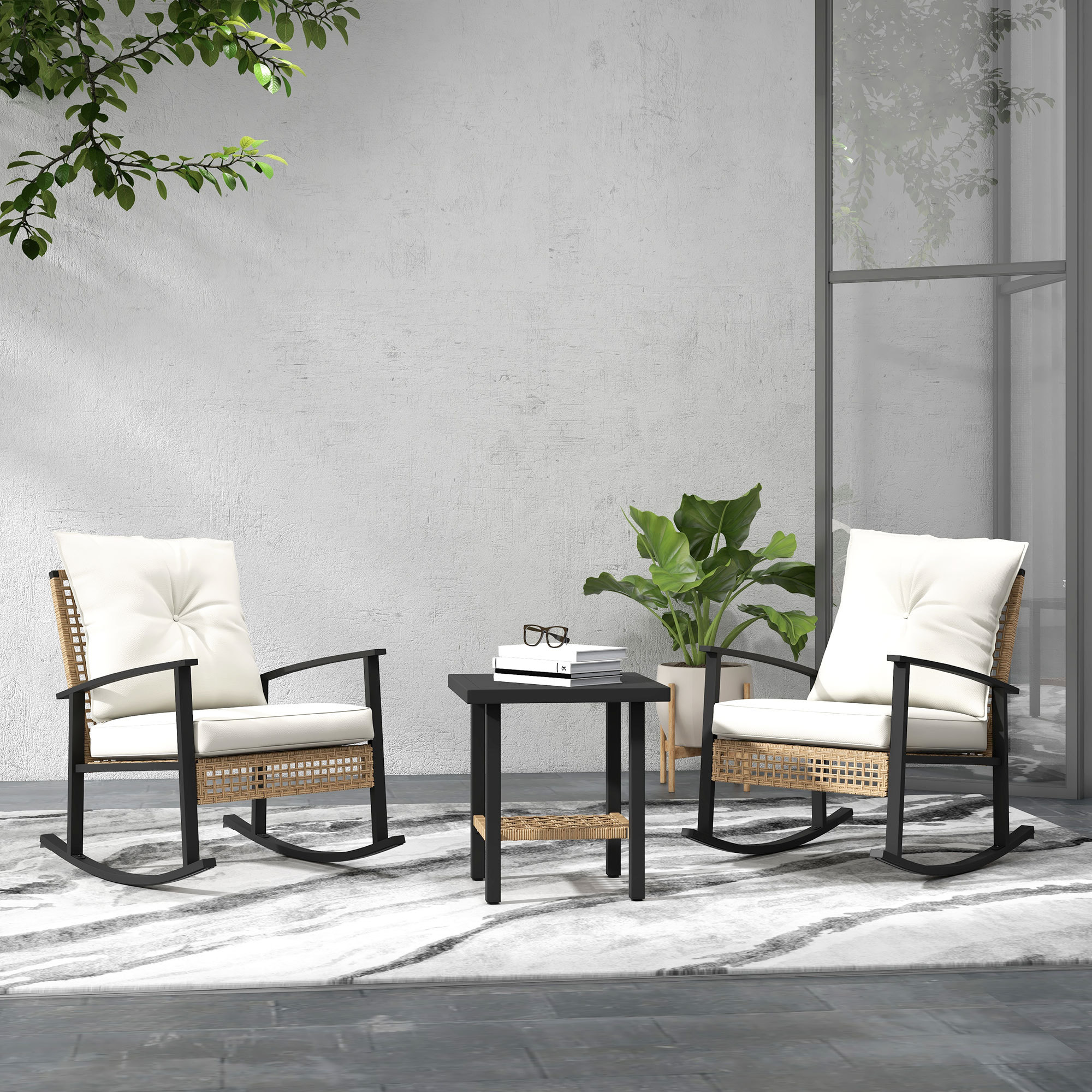 3 Pieces Bistro Set, Patio Wicker Furniture Set With Button Tufted Cushions, Rattan Rocking Chairs, Coffee Table, White