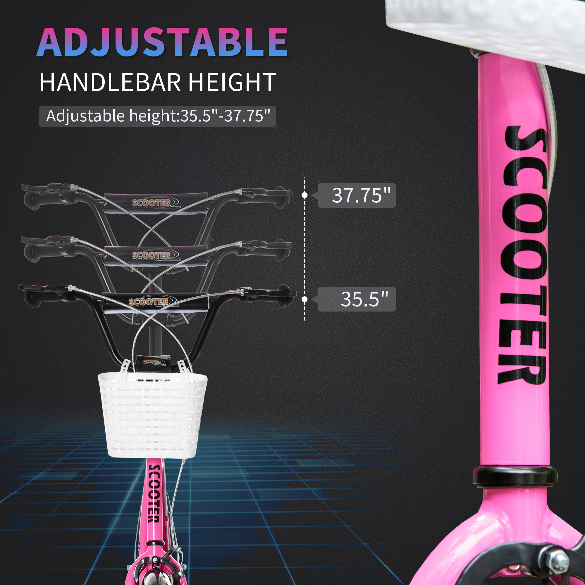 Youth Scooter, Kick Scooter With Adjustable Handlebars, Double Brakes, 16" Inflatable Rubber Tires, Basket, Cupholder, Pink - Image 3