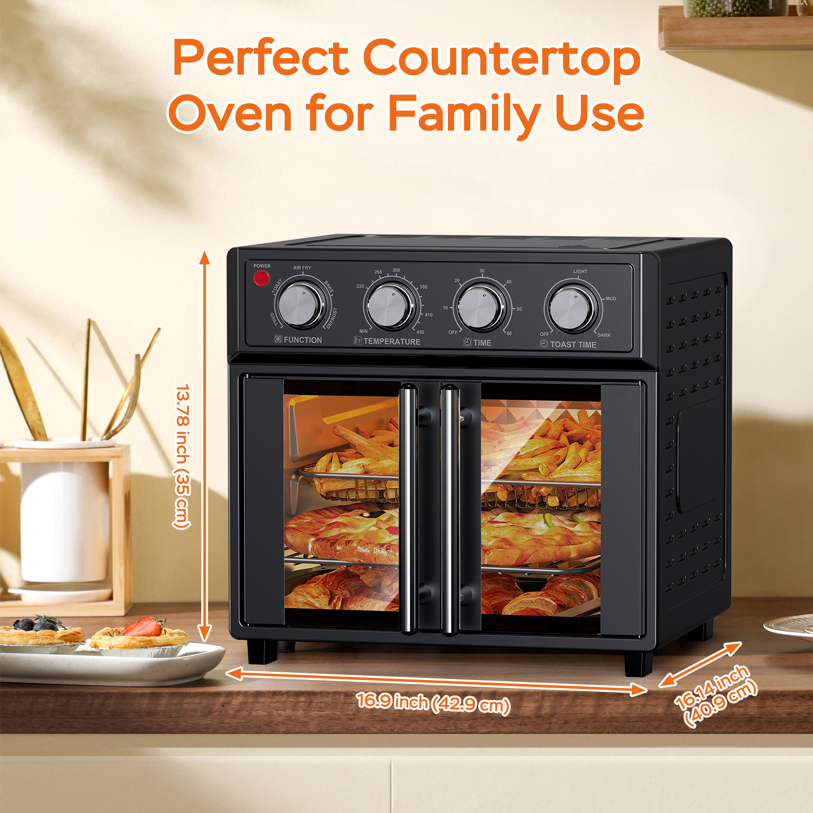 29.5 QT Air Fryer Convection Toaster Oven, French Door, 6 Slices, 1700W, Multifunction Oven, Air Fryer, Toast, Grill, Defrost, Bake, Time And Temperature Controls, Black, Amazon Resale Prohibited - Image 7