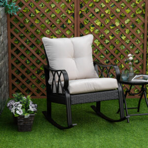 Outdoor Wicker Rocking Chair With Padded Cushions, Aluminum Furniture Rattan Porch Rocker Chair W/ Armrest For Garden, Patio, And Backyard, Khaki