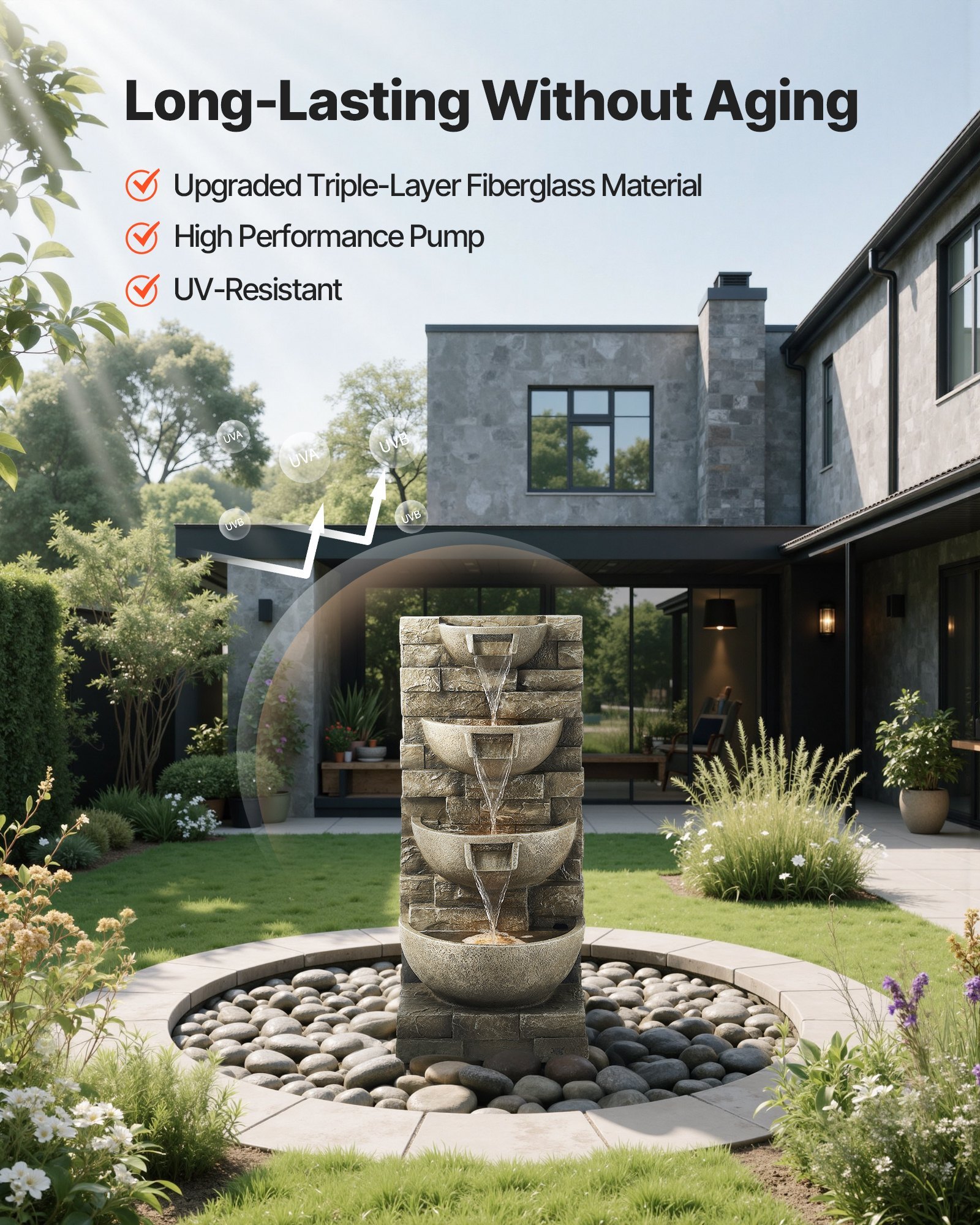 Outdoor Water Fountain 4-Tier Yard Fountain 35.63 In Block Stack Style - Image 4