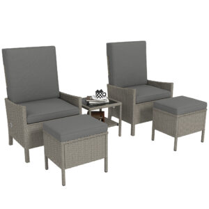 5 Piece Rattan Garden Furniture Set, Wicker Patio Sofa Set With 2 Armchairs, 2 Footstools, Glass Top Coffee Table With Shelf, Outdoor Furniture With Adjustable Backrests, Cushions, Dark Grey
