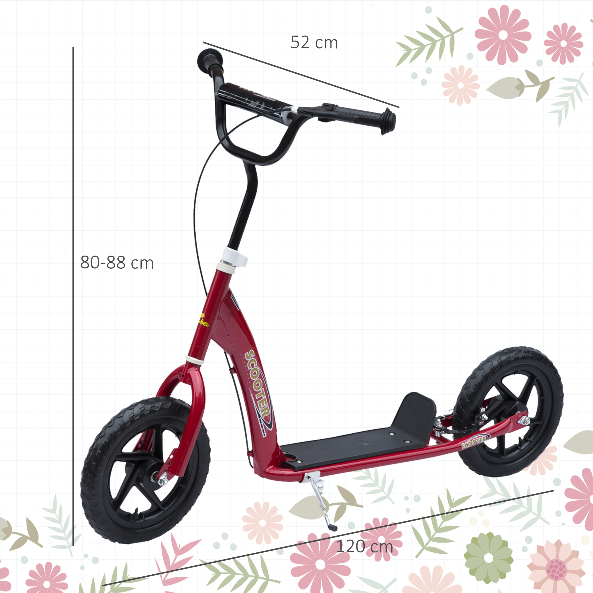 Kids Scooter Kick Scooter, With 12" EVA Tyres, Rear Brake, Big Wheels Scooter For 5-12 Years , Red - Image 5