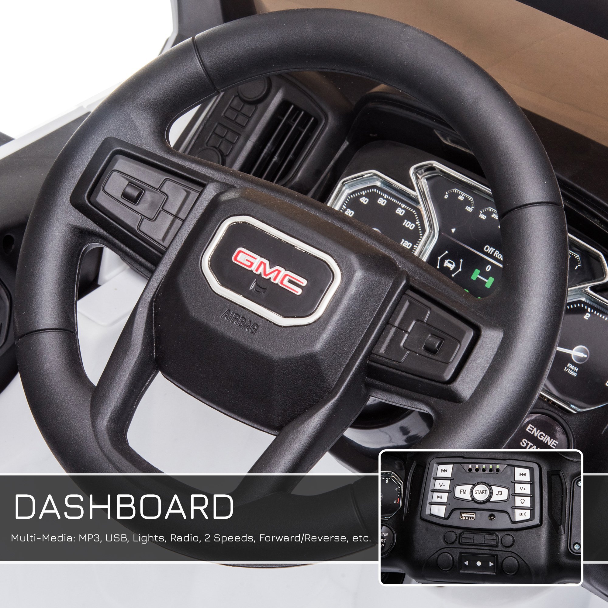 12V Battery Kids GMC Sierra HD Ride On Toy With Remote Control, Bright Headlights & Working Suspension - White - Image 5