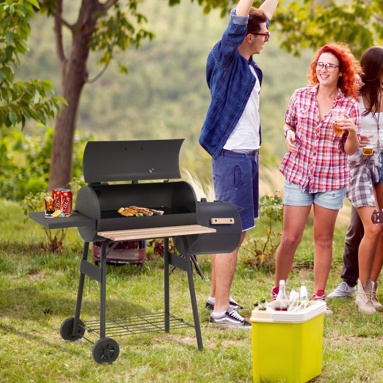 Portable Charcoal BBQ Grill, Cold-rolled Steel, Solid Wood, 104H X 124L X53W Cm-Black - Image 5