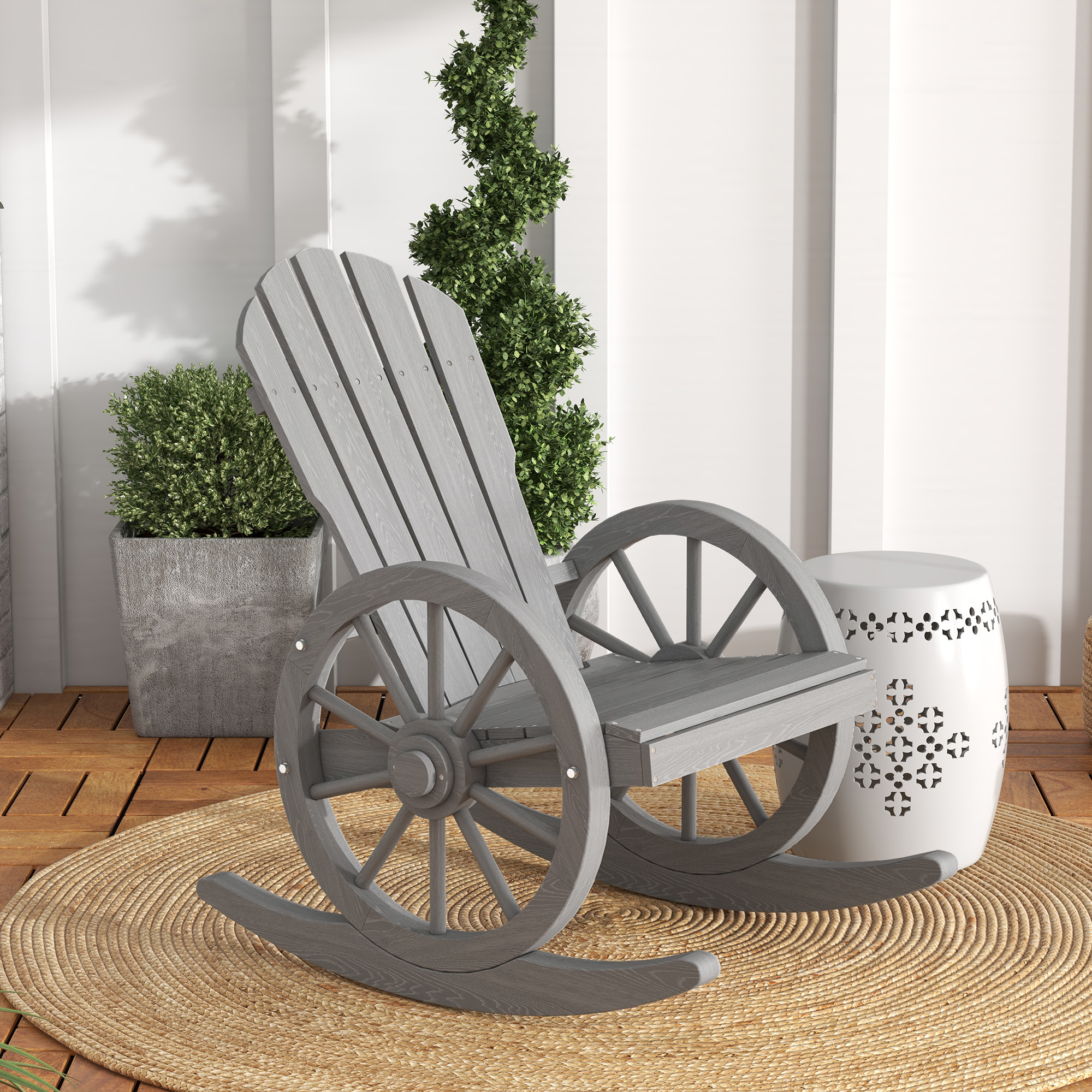 Wooden Adirondack Rocking Chair Reclining Armchair Outdoor Garden Furniture Patio Porch Rocker - Grey - Image 5