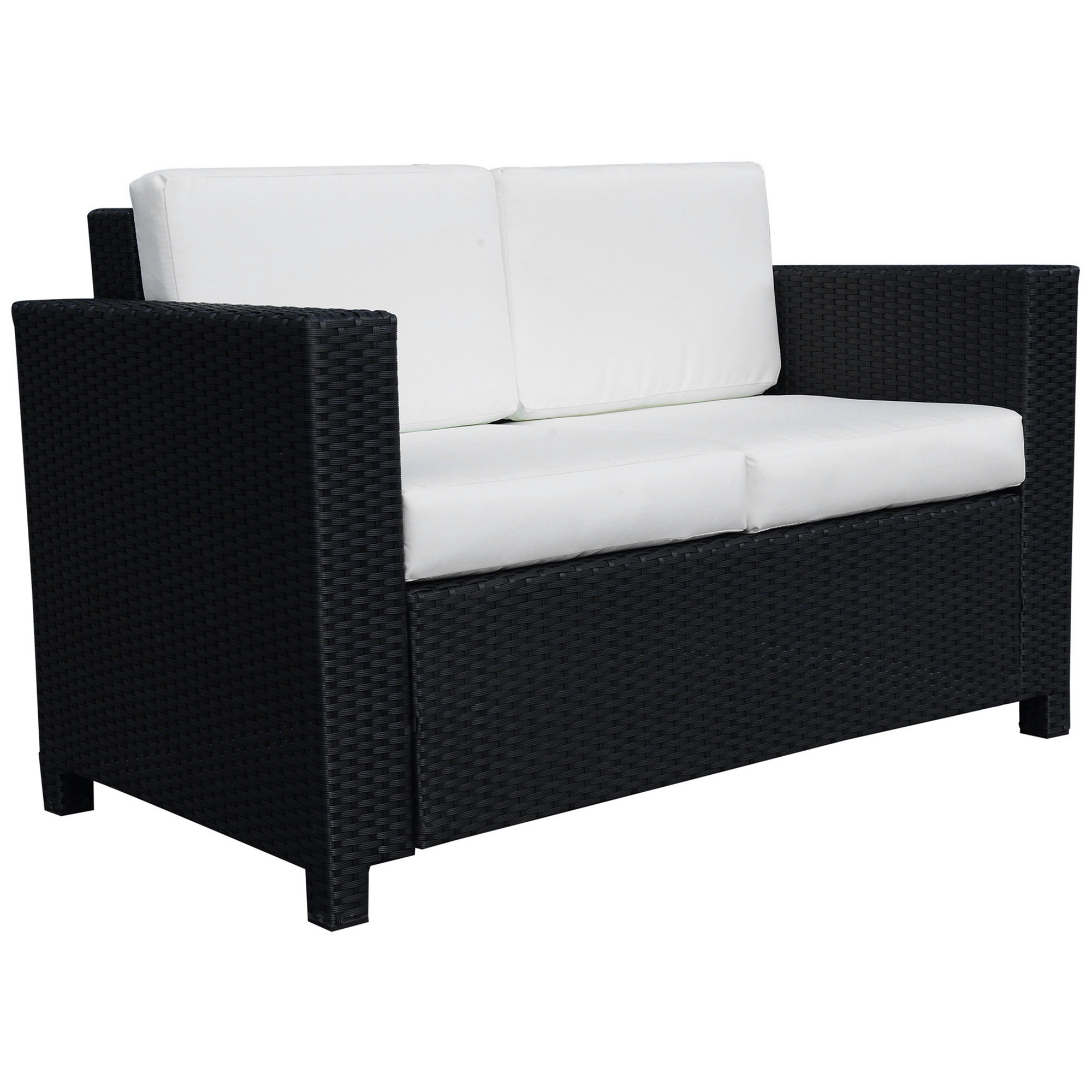Rattan Sofa, 2 Seater Garden Furniture With Soft Padded Cushion And Armrests, Wicker Garden Loveseat For Patio, Black