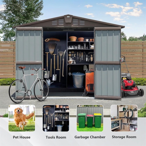 Outdoor Storage Shed 8.2' X 6.2', Metal Steel Utility Tool Shed Storage House With Double Lockable Doors &Air Vents For Backyard Patio Garden Lawn Brown - Image 8