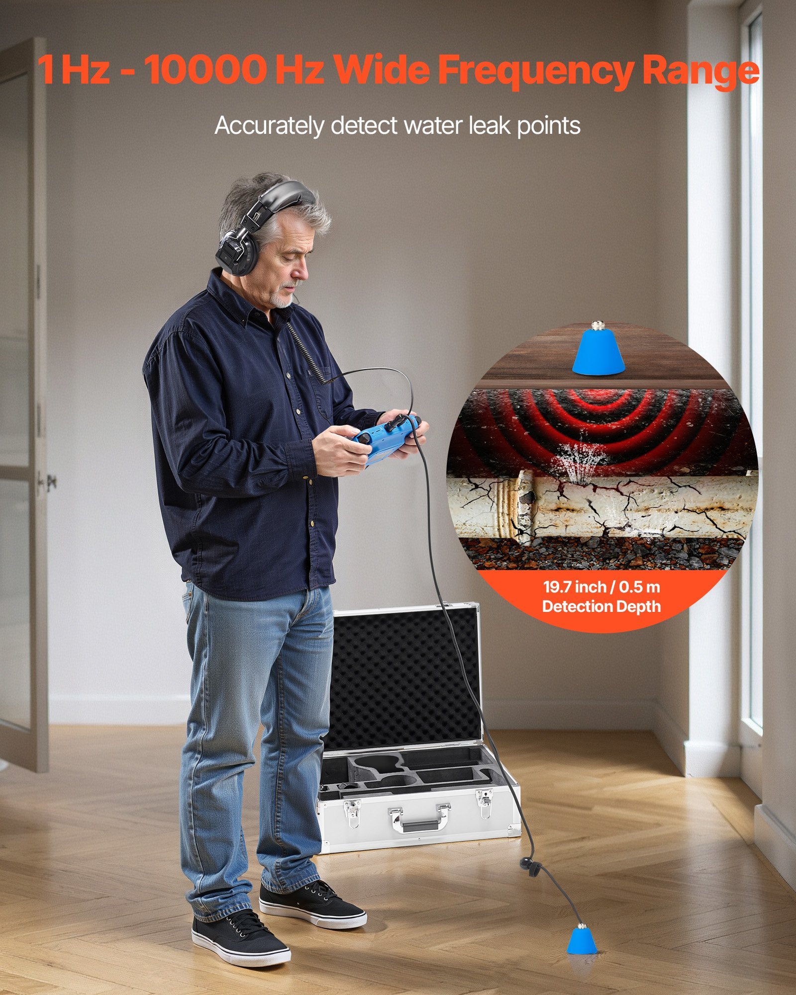 Pipe Water Leak Detector For Indoors, 1Hz-10000Hz, 7" Touchscreen Plumbing Water Leakage Detection Locator With Horizontal & Vertical Sensors, Headphones, 8GB SD Card & Carry Case For Home Use - Image 3