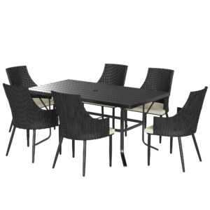 6 Seater Rattan Dining Set With Cushions, Garden Furniture Set With Armchairs, Rectangle Slatted Table Top, Steel Frame, Parasol Hole, Wicker Outdoor Furniture For Patio, Balcony, Cream White