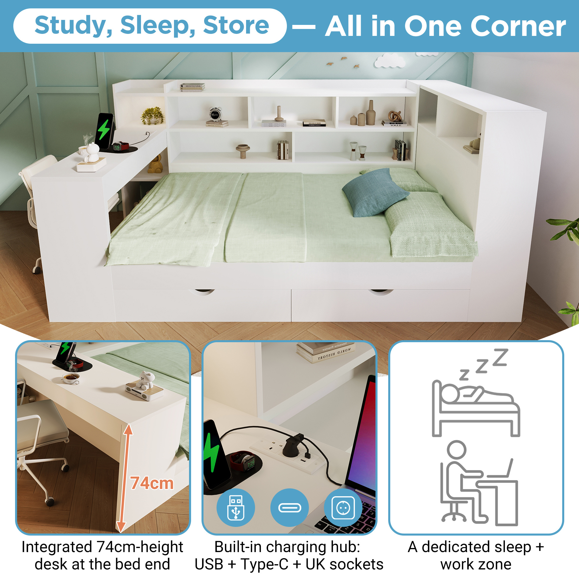 Double Daybed With Bookcase & Computer Desk, 4ft6 Sofa Bed With Storage, Drawers & USB Type-C Port, 135 X 190 Cm Multi-functional Wooden Bed Frame For Living Room Bedroom, White No Mattress - Image 3