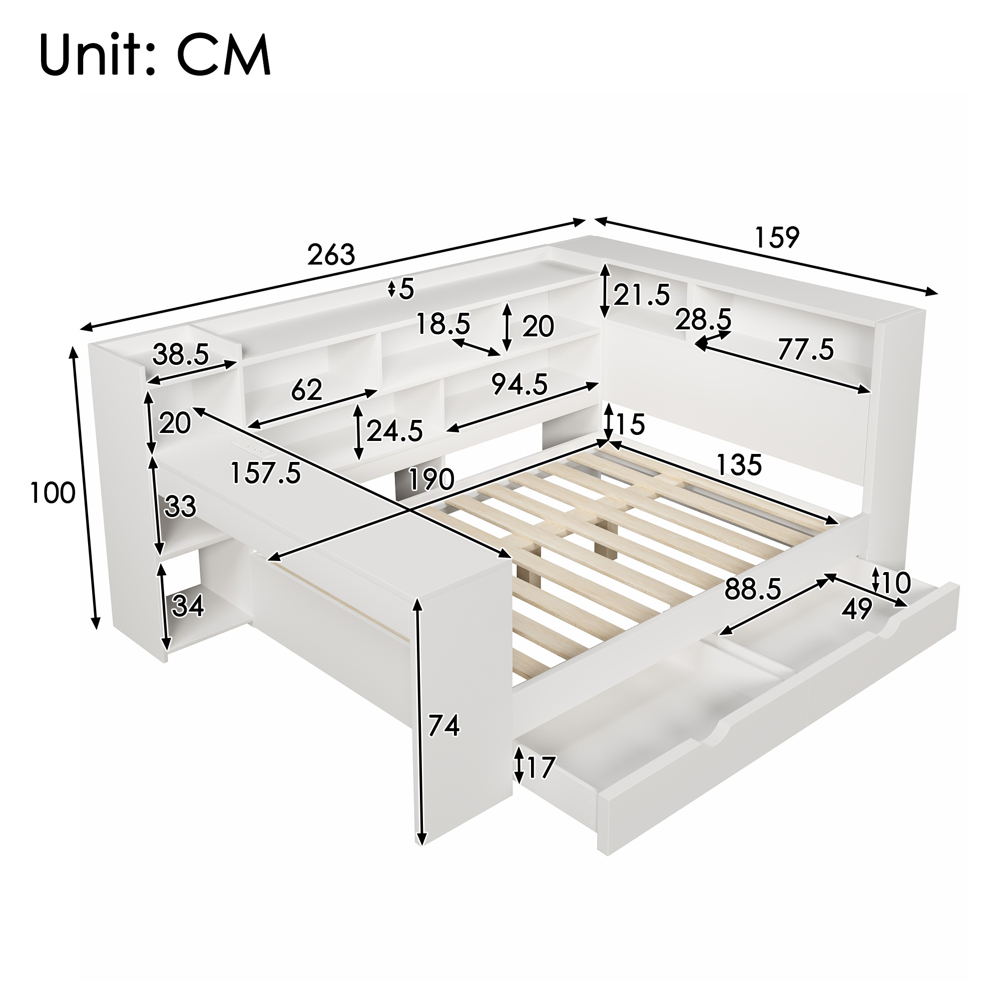 Double Daybed With Bookcase & Computer Desk, 4ft6 Sofa Bed With Storage, Drawers & USB Type-C Port, 135 X 190 Cm Multi-functional Wooden Bed Frame For Living Room Bedroom, White No Mattress - Image 2