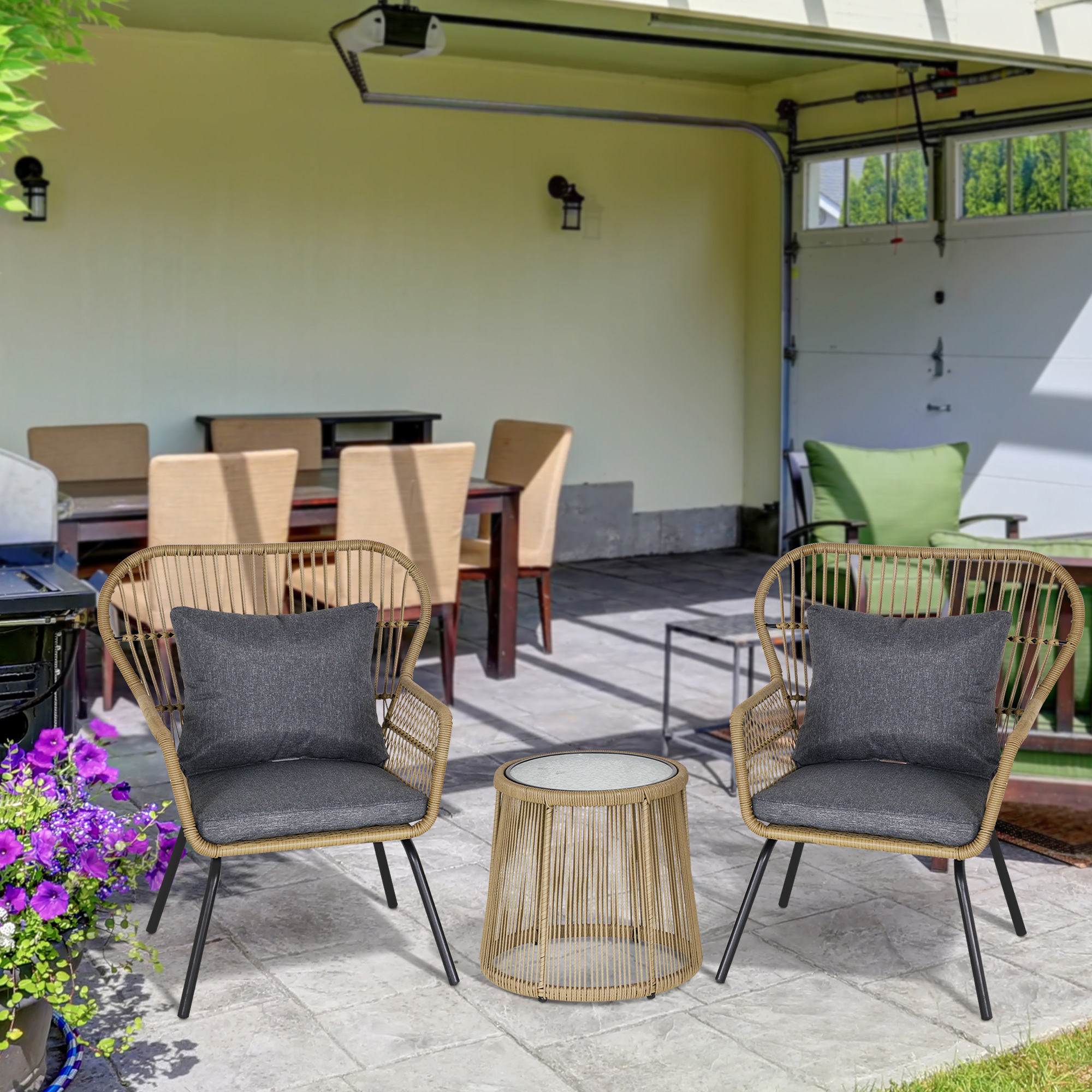 3 Pieces Rattan Bistro Set, Wicker Garden Furniture Set With Cushions, Glass Top Coffee Table And Chairs For Outdoor, Patio, Balcony, Brown - Image 2