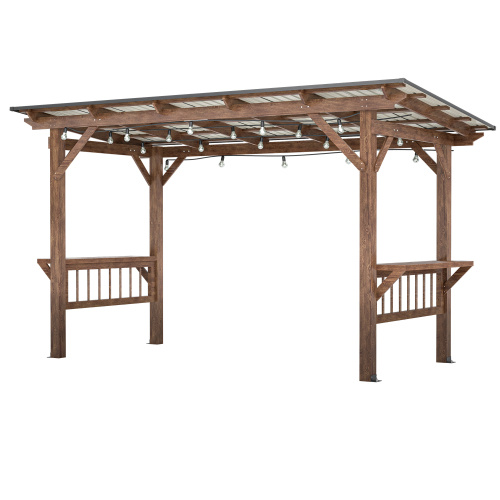 13' X 6.5' Wooden Pergola Grill Gazebo With Metal Roof & Bulbs & Bar Counters - Image 10