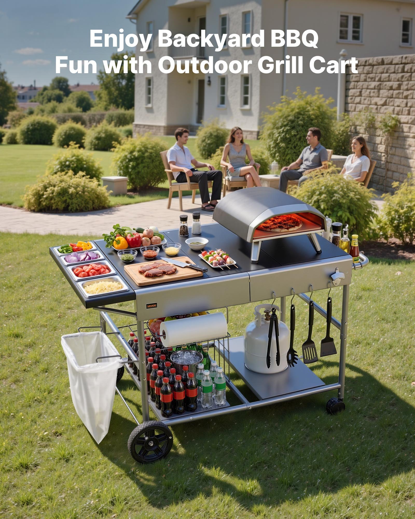 Outdoor Grill Cart, 36.4 X 23.4 X 1 Inch Tabletop Size Grilling Table, Movable Outdoor Cooking Table With 4 Spice Containers, Wheels, Lids, Hooks, BBQ Prep Tables For Picnic, Kitchen, Courtyard - Image 5