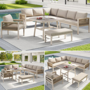Handwoven L-shaped Garden Sofa Set For Up To 8 People, Sturdy Iron Frame With Beige Cushions, Complete With Table Wood-look Glass & 1 Armchair, Weatherproof Patio Furniture