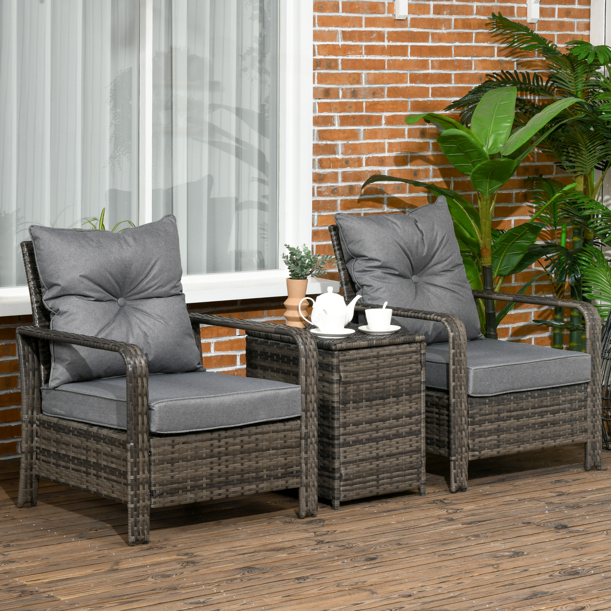 3 Pieces Rattan Bistro Set, Wicker Garden Furniture Set With Storage Coffee Table And Chairs, Thickened Cushions For Outdoor, Patio, Balcony, Grey - Image 4
