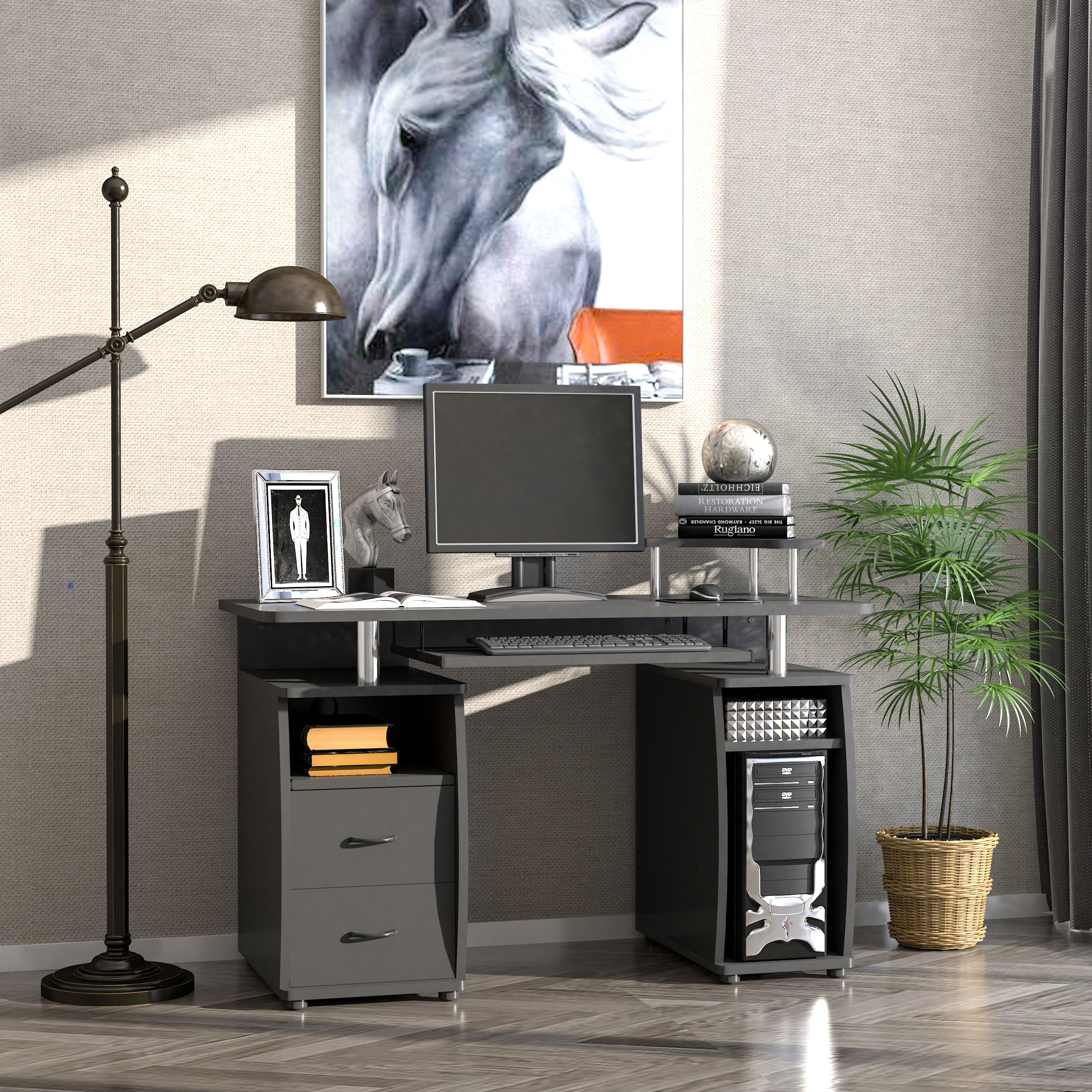 Computer Desk Office PC Table Workstation With Keyboard Tray, CPU Shelf, Drawers, Sliding Scanner Shelf, Black - Image 4