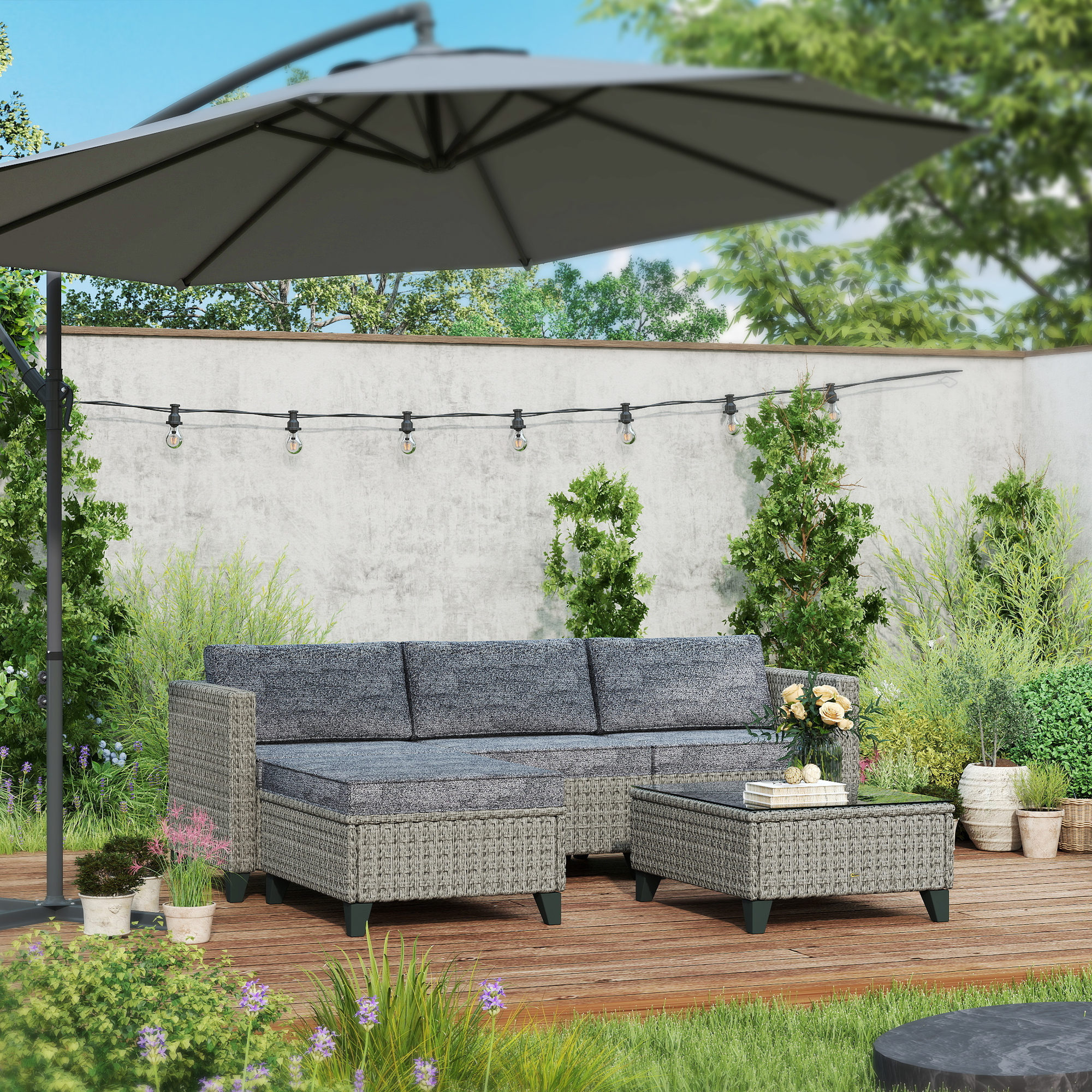 5-Piece Rattan Patio Furniture Set With Corner Sofa, Footstools, Coffee Table, For Poolside, Dark Grey - Image 4